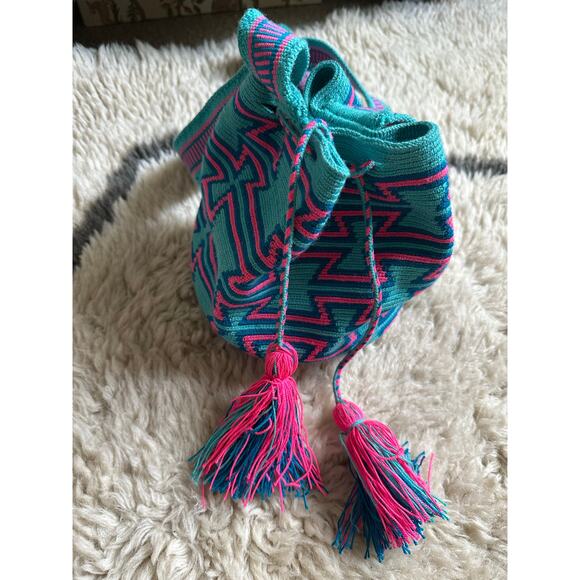 Authentic 100% Wayuu Mochila Colombian Bag cotton candy bohemian blue pink neon - Picture 4 of 16